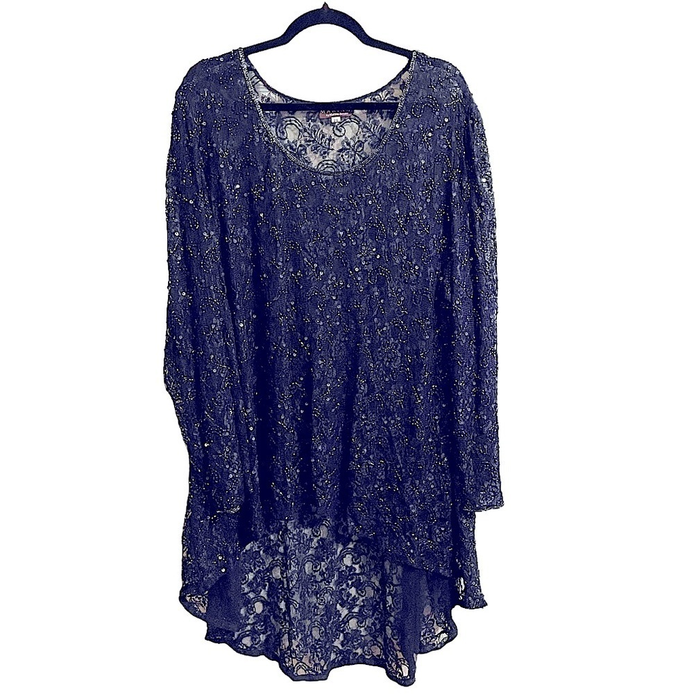 Marina by Marina Bresler Navy Blue Beaded and Sequined High Low Tunic Top Sz 24